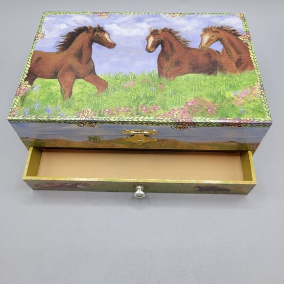 Horse Musical Jewelry Box Drawers Lid Mirror Rotating Horse Enchantmints Prairie - Picture 4 of 10
